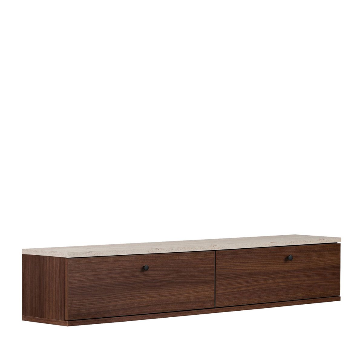 Meuble tv suspendu 2 portes en bois et effet travertin L140cm- YARA bois foncé, DRAWER