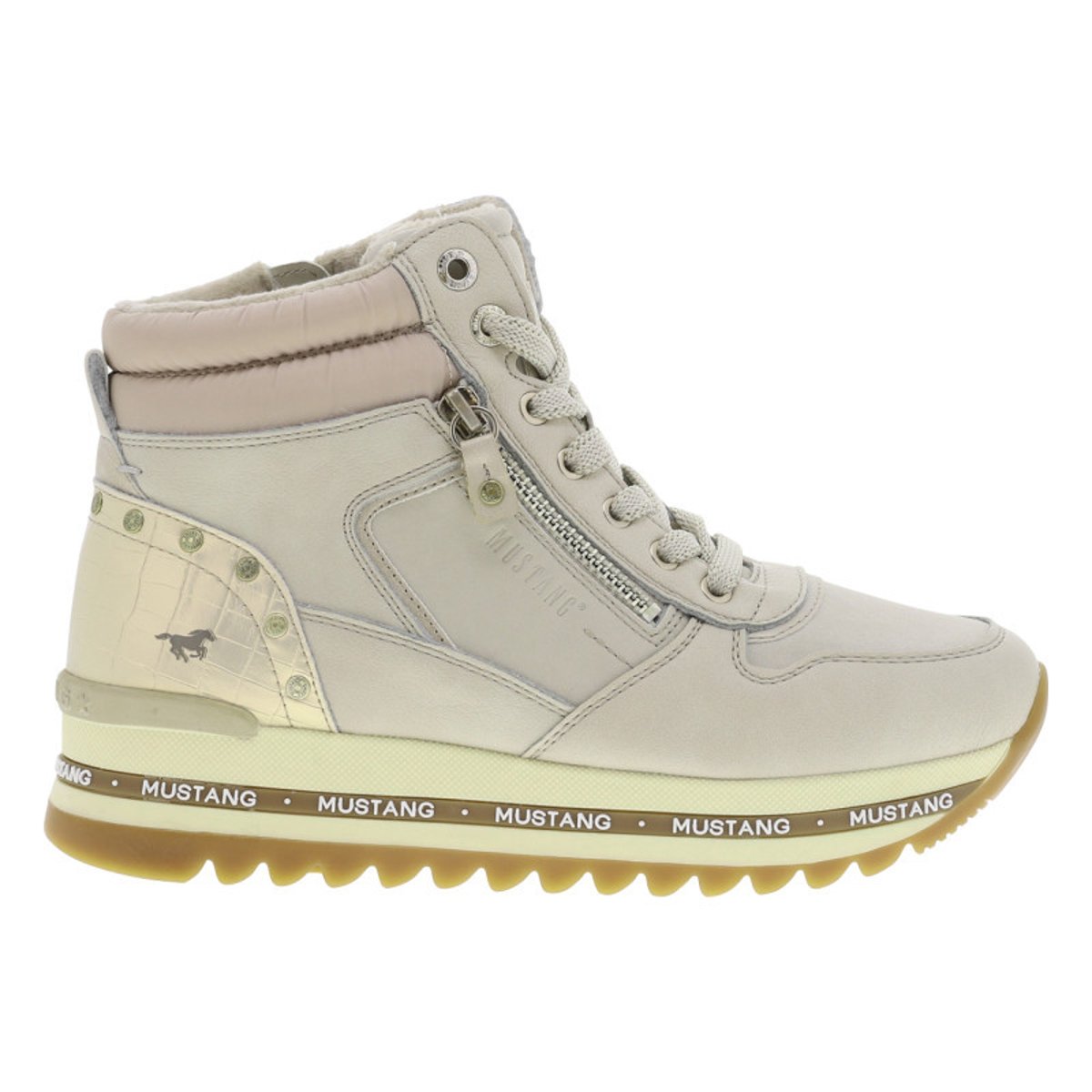Baskets ivoire à talon semi-compensé avec des lacets et un zip latéral ivoire, MUSTANG