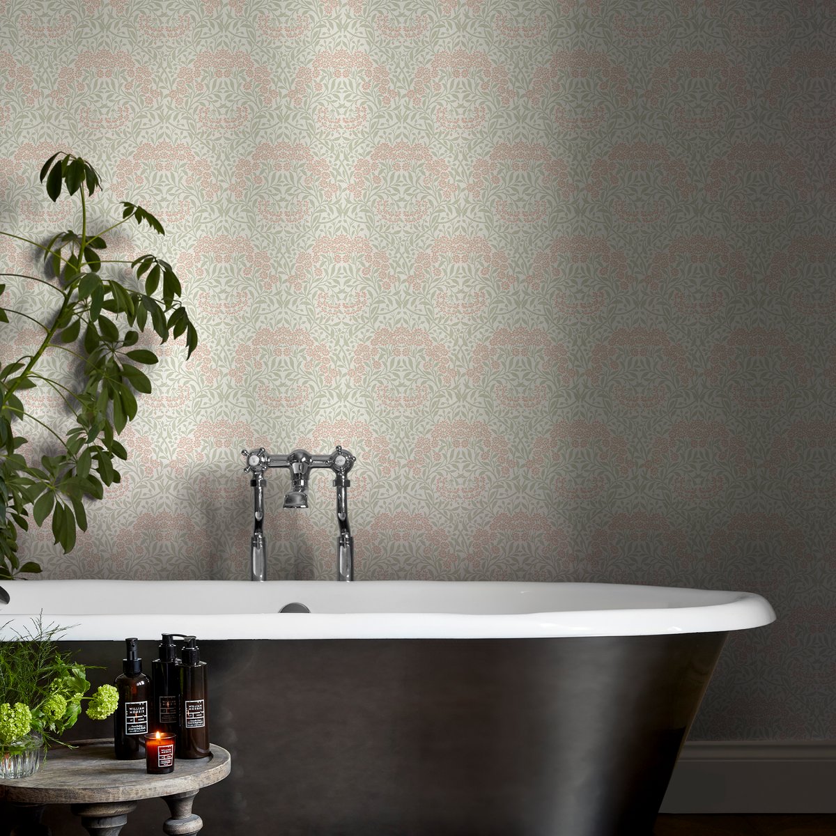 Papier peint fleuri Michaelmas Daisy Peony & Sage vert clair, corail, WILLIAM MORRIS AT HOME