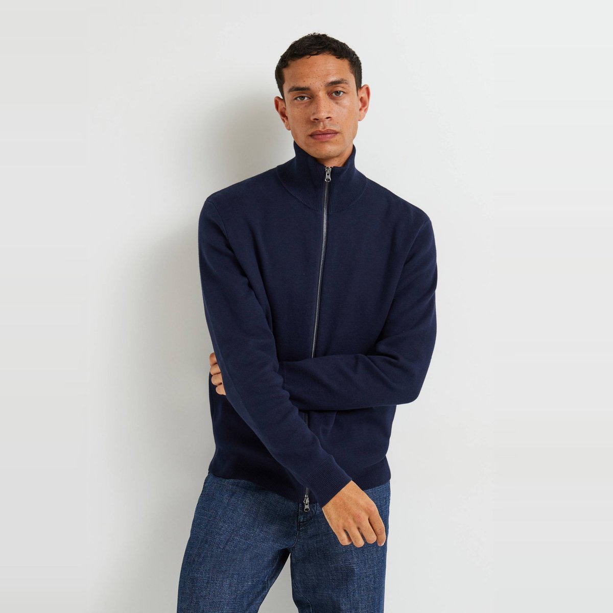 Gilet col montant zippé en mélange coton et cachemire marine, MONOPRIX