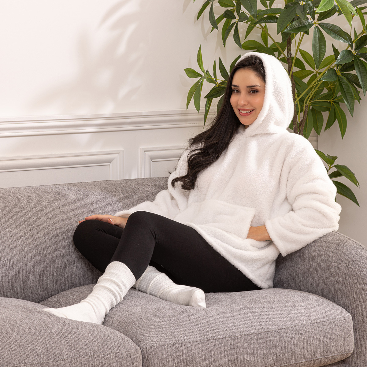 Plaid sweatshirt capuche flanelle TEDDY blanc, ATMOSPHERA