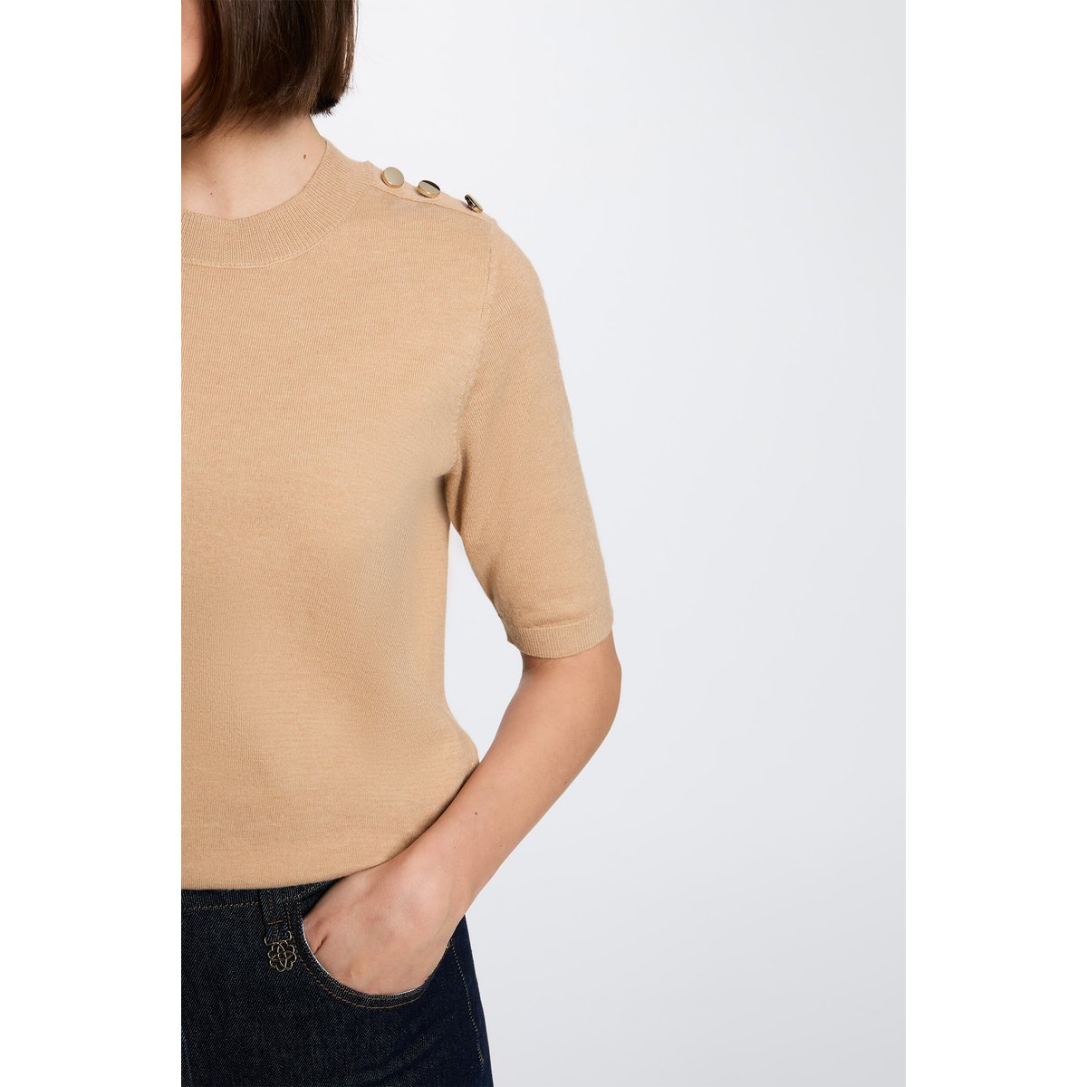 Pull col rond manches courtes beige, MORGAN