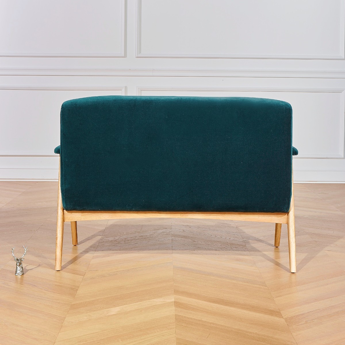 Banquette style scandinave 2 places en hévéa massif et velours WILLY bleu paon, ROBIN DES BOIS