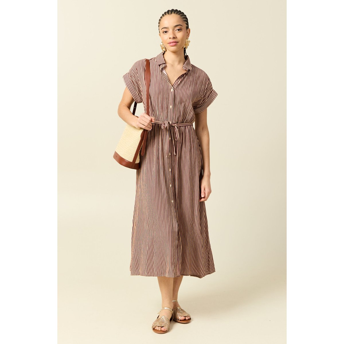 Robe longue évasée manches courtes violet, BONOBO