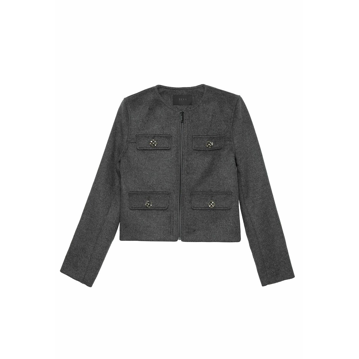 Crew Neck Zip-Up Jacket with Pockets and Long Sleeves storm, IKKS