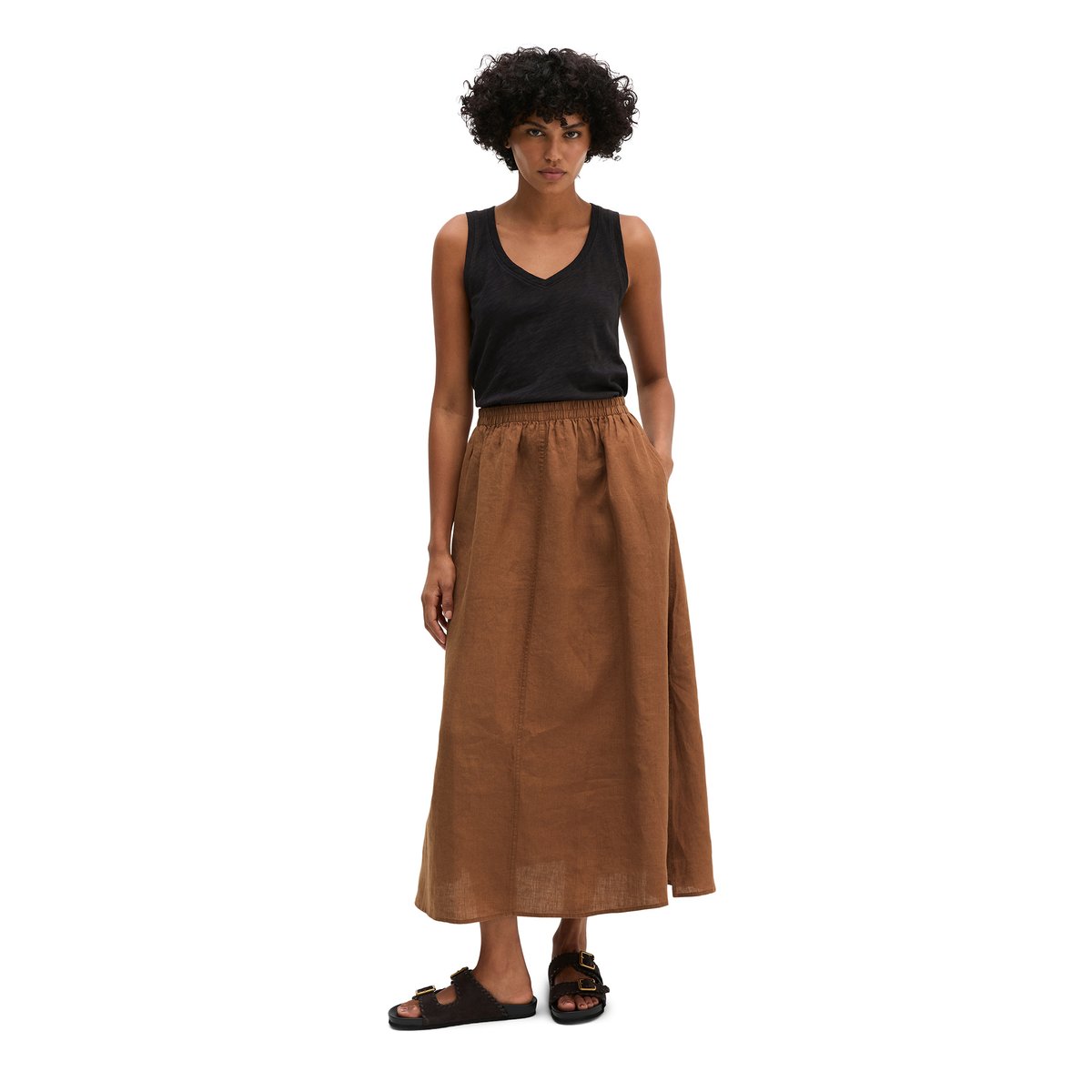 Jupe longue en lin A-Shape avec ceinture élastique marron, MARC O'POLO
