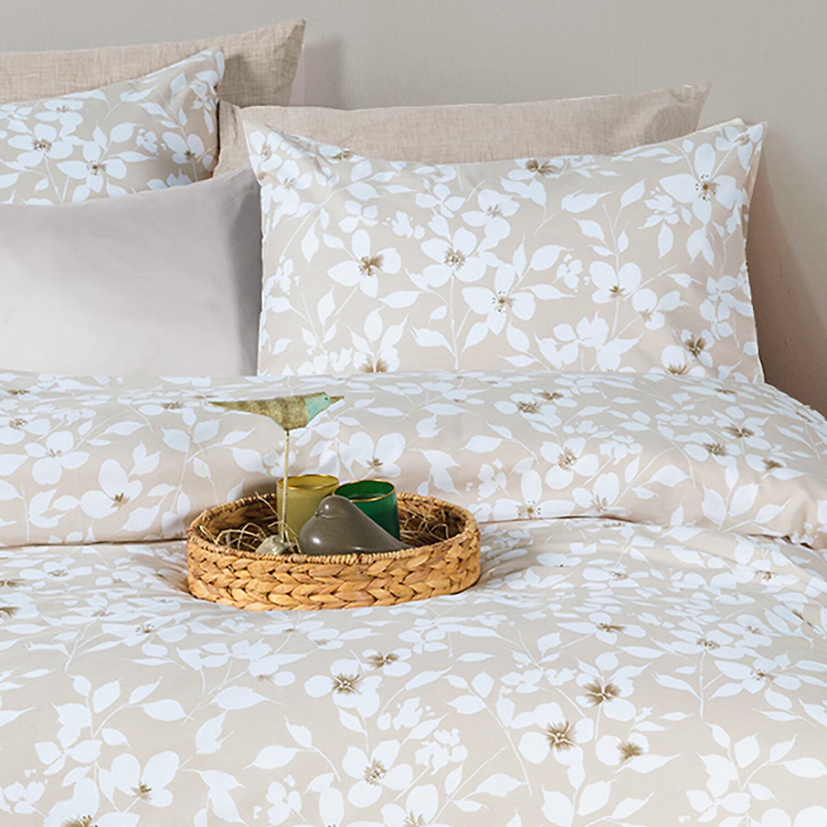 Paure de couette et tai(e) coton imprimé, flower beige beige, C DESIGN HOME TEXTILE