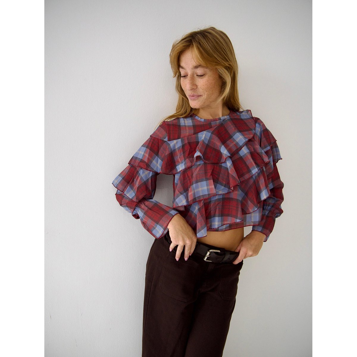 Blouse losanges à volants LÉA bordeaux / bleu, MINDTRAVELER