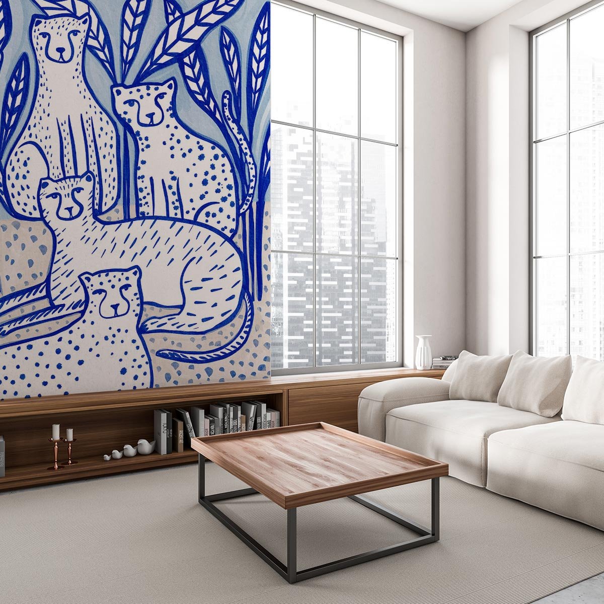 Papier peint léopards stylisés bleu et blanc esprit illustration bleu, HEXOA