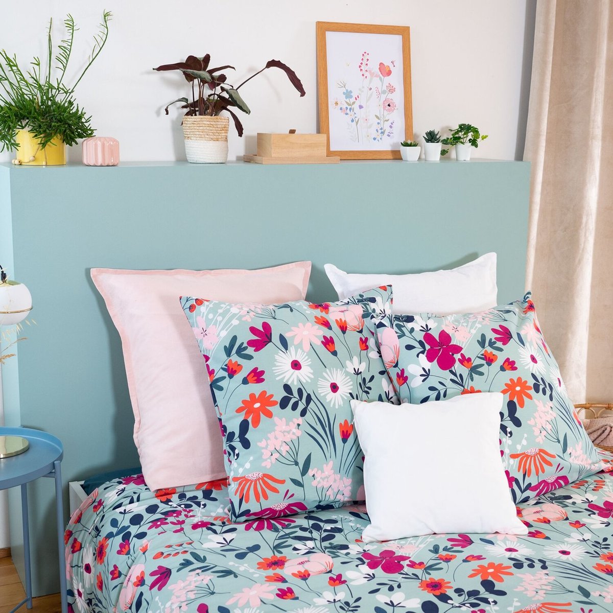 Parure housse de couette en coton imprimée, Flore bleu, C DESIGN HOME TEXTILE