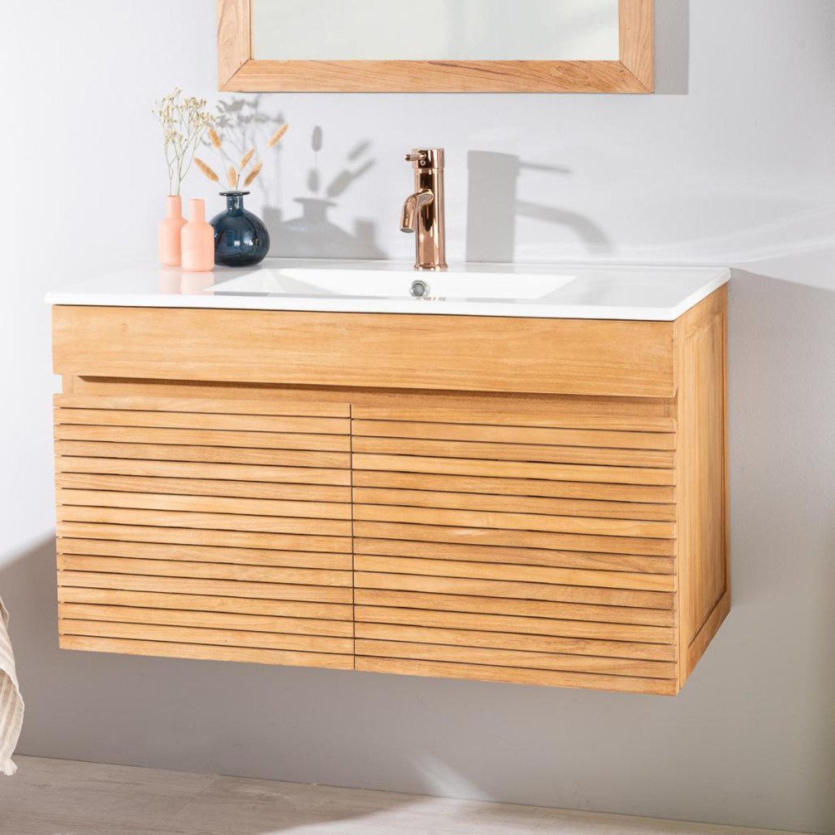 Meuble salle de bain en teck et céramique 90cm AKTUAL blanc, WANDA COLLECTION