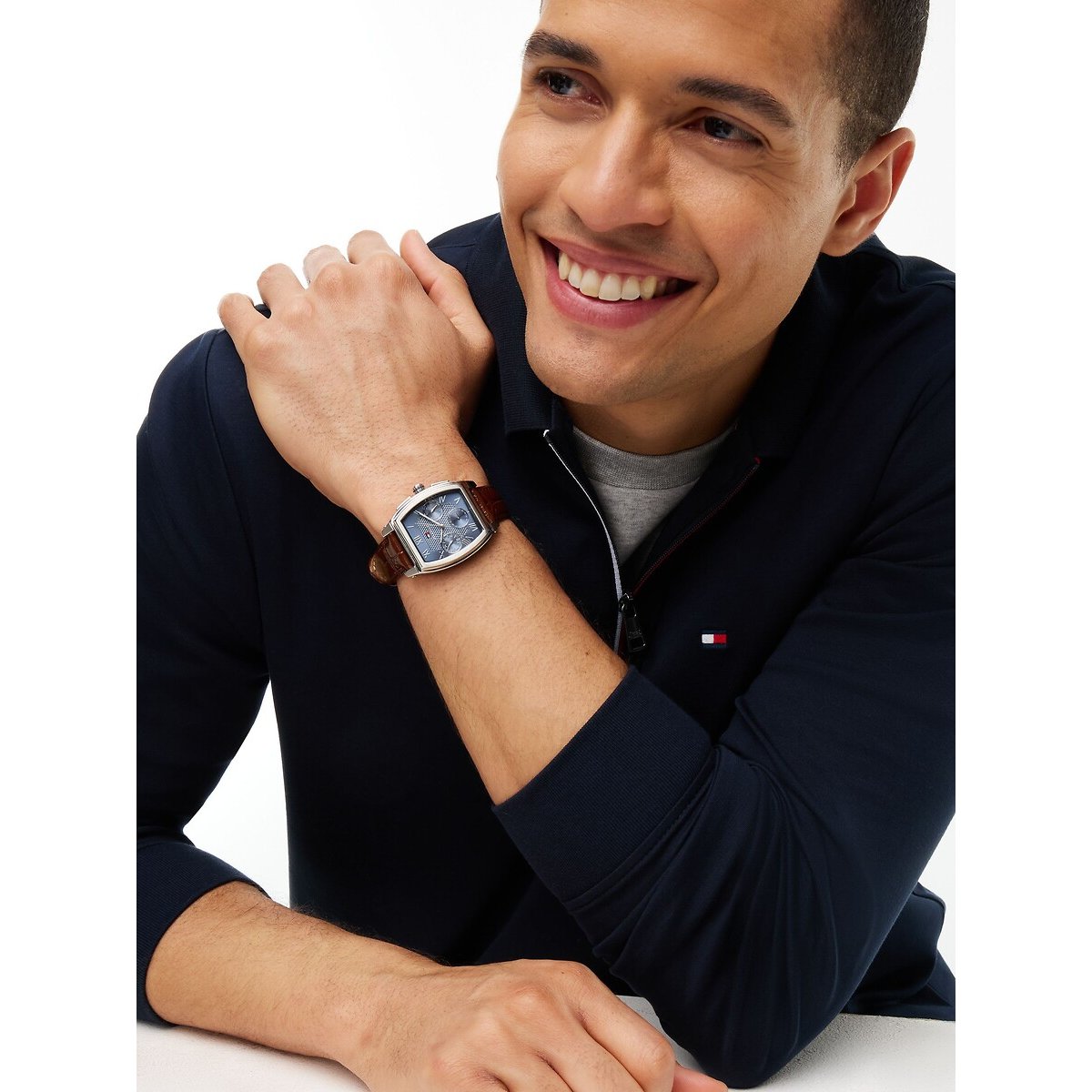 Polo manches longues, demi-zippé, coupe regular bleu marine, TOMMY HILFIGER
