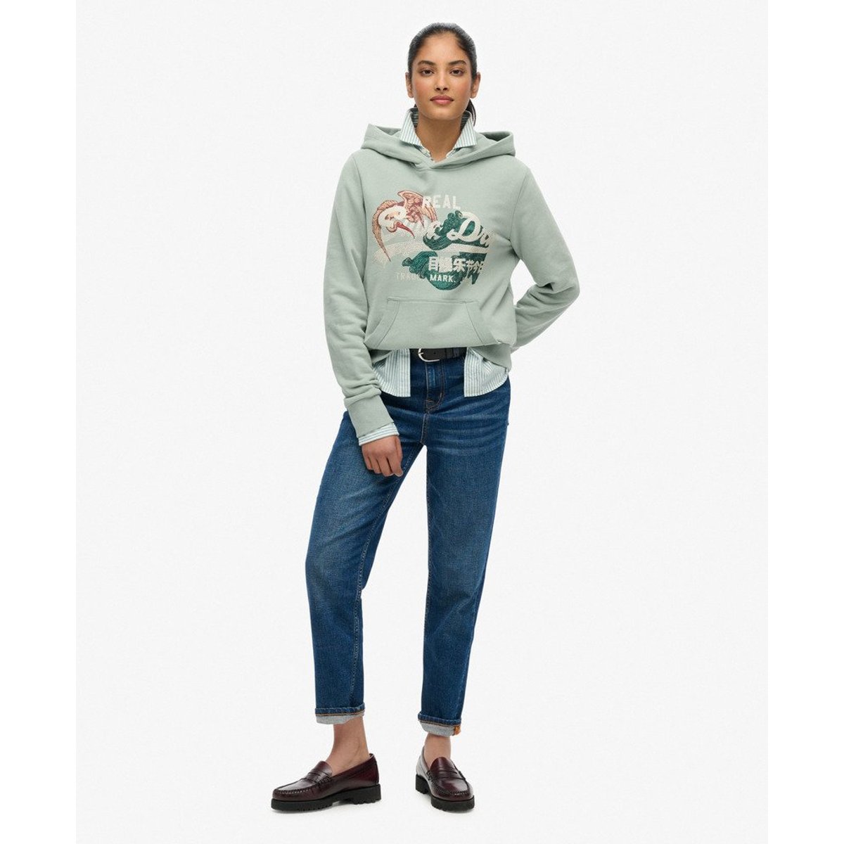Sweat à capuche Vintage Logo Tokyo Coupe Décontractée vert jade clair, SUPERDRY