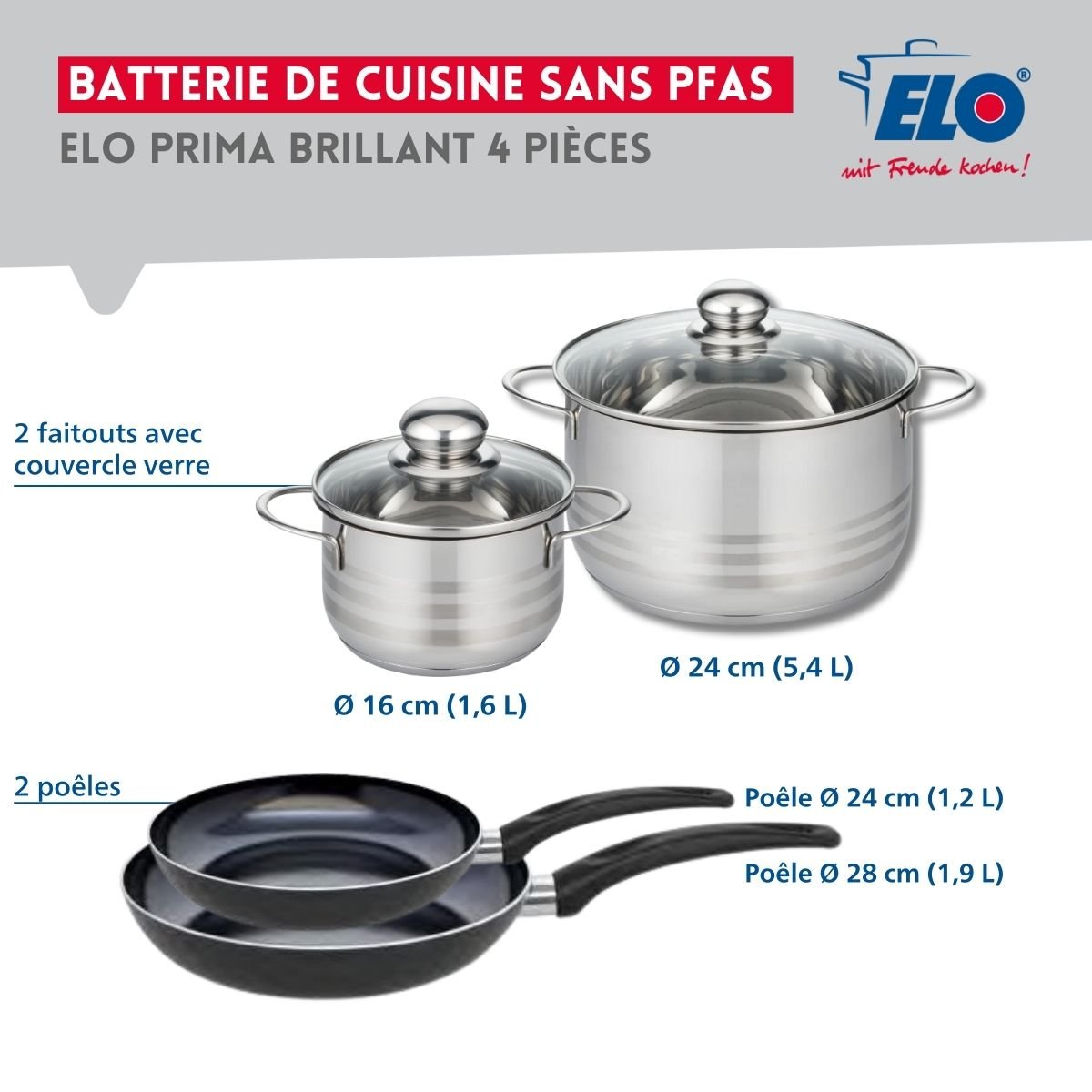 Batterie 2 poêles 24/28cm + 2 faitouts 16/24cm PRIMA BRILLANT noir, ELO