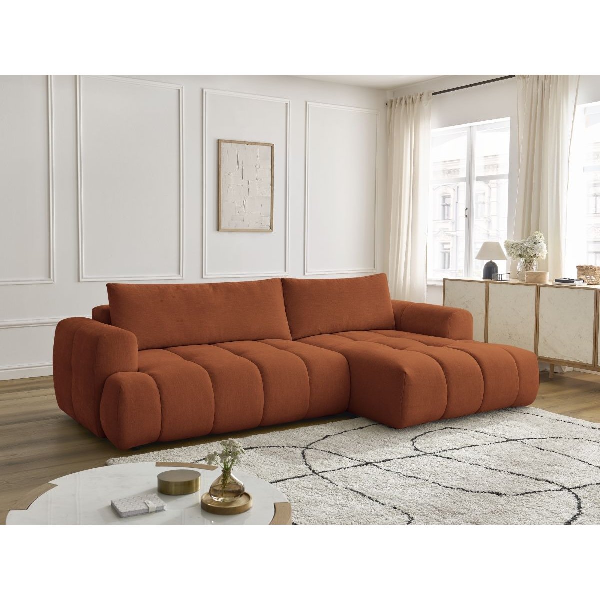 Canapé d'angle convertible 3 places en tissu lisse, FUJI orange, BOBOCHIC