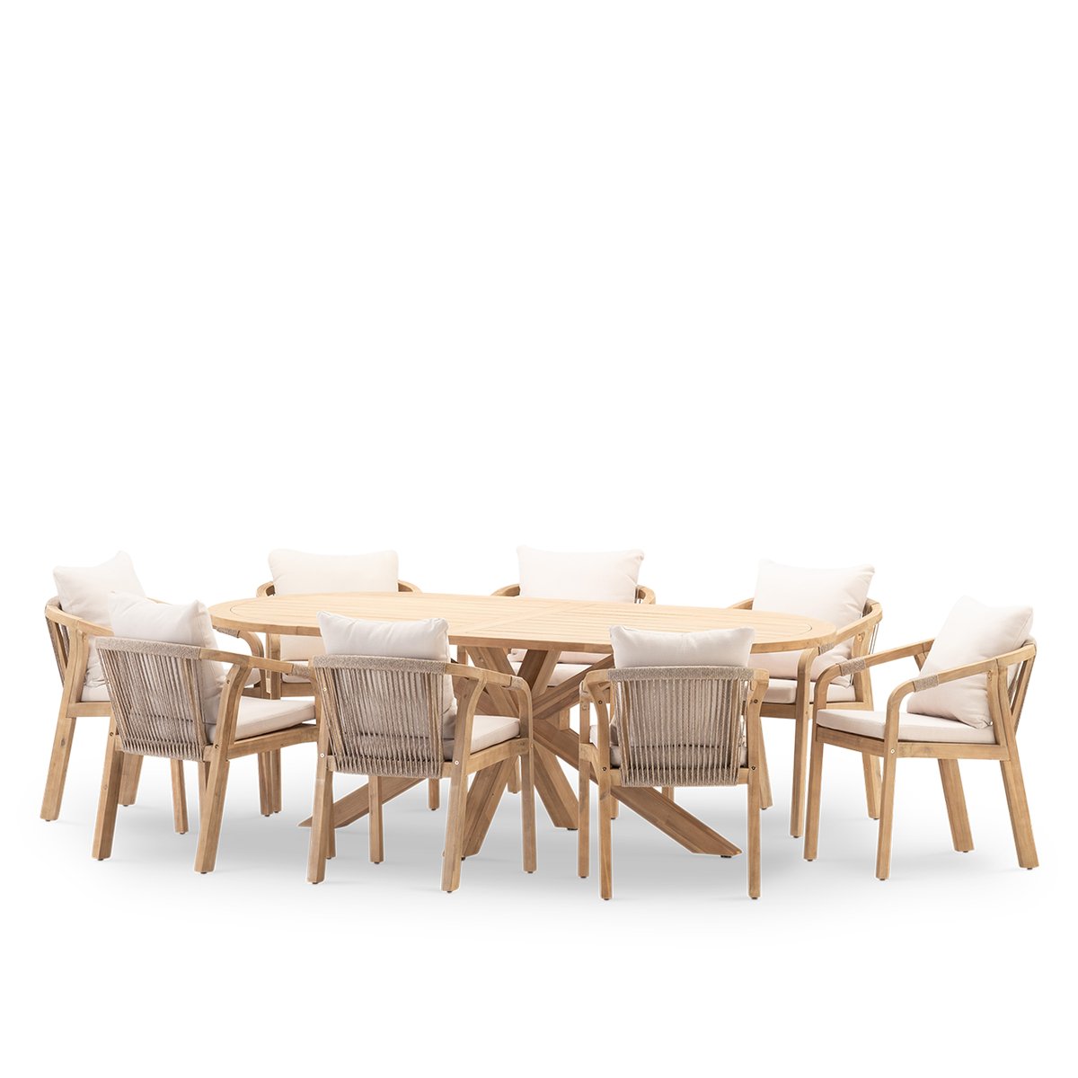 Salon de jardin, 8 chaises, SIENA bois clair, coussin beige, DEFORA HOME