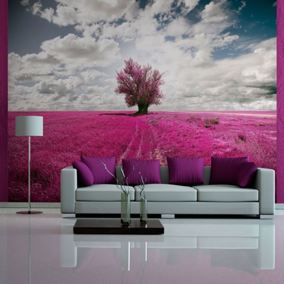 Papier peint intissé panoramique Paysage Prairie couleur fuschia violet, EDEN