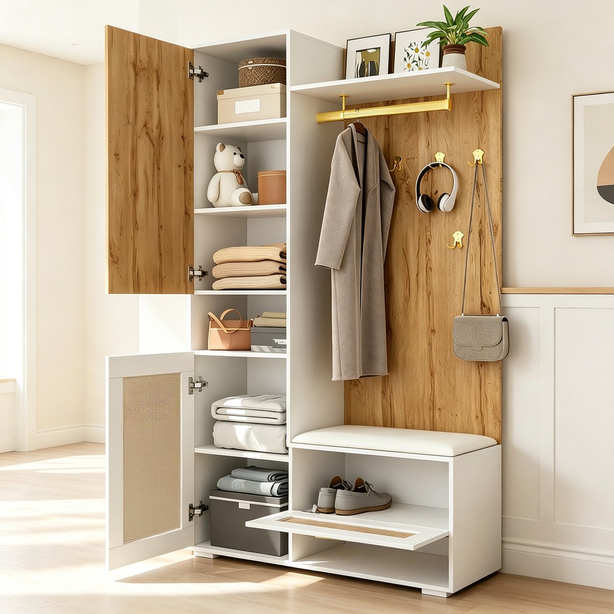 Vestiaire d'entrée avec miroir banc et rangement, PORTER-K chêne, MEUBLES COSY