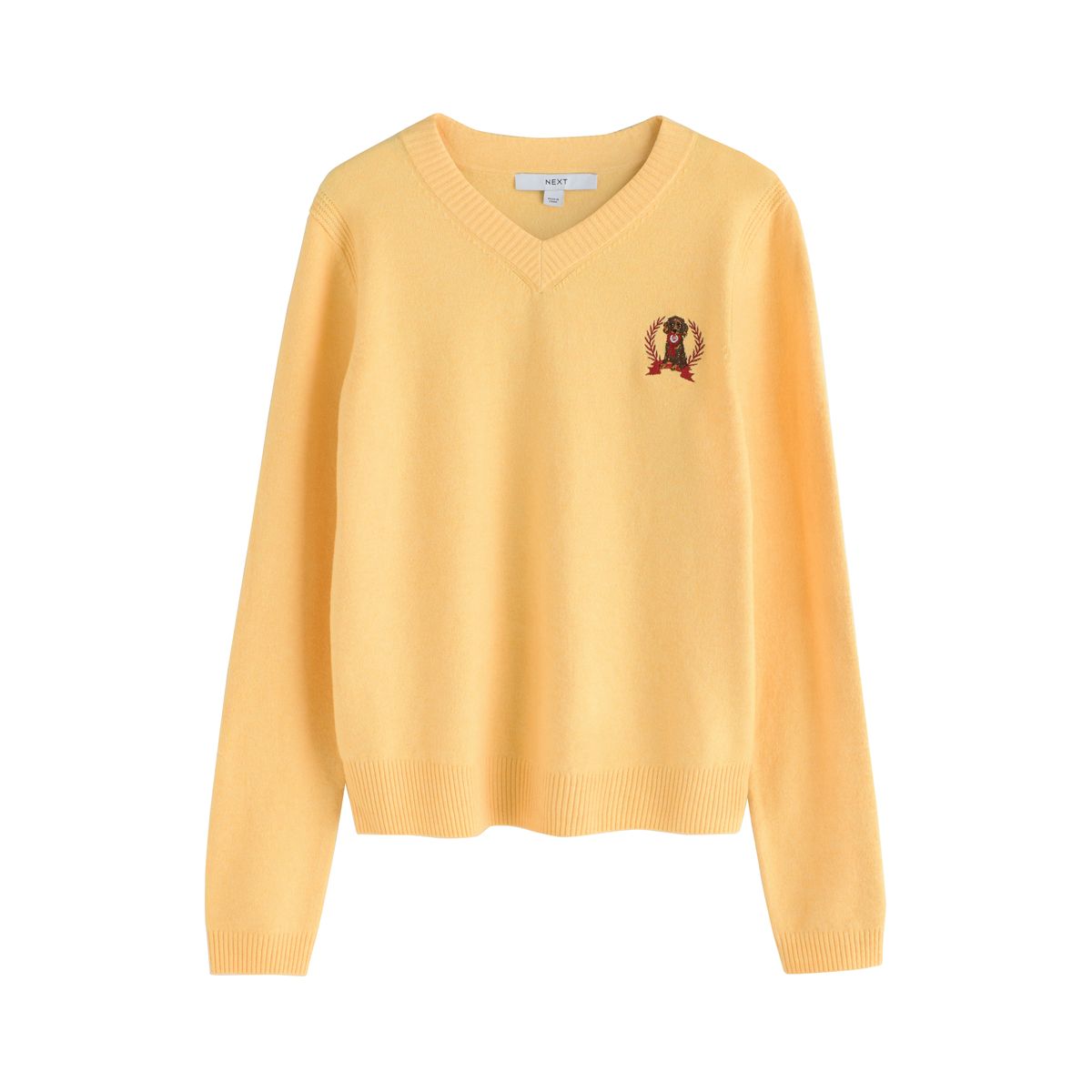 Pull ultra-doux à manches longues et col v chien jaune brodé, NEXT