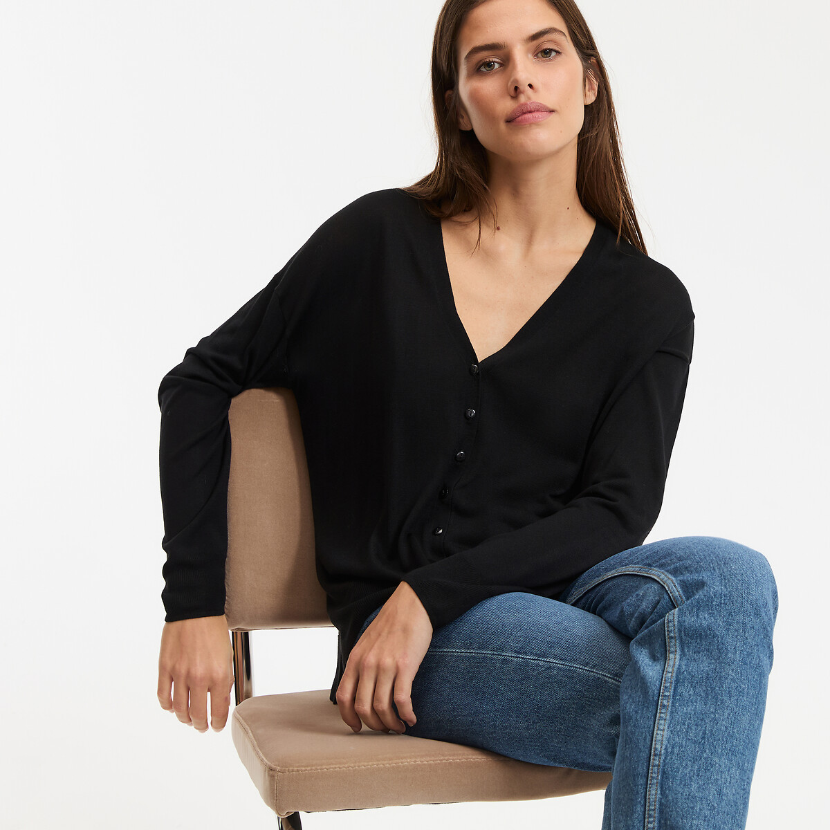 Cardigan a maglia fine con scollo a V e chiusura a bottoni nero , LA REDOUTE COLLECTIONS