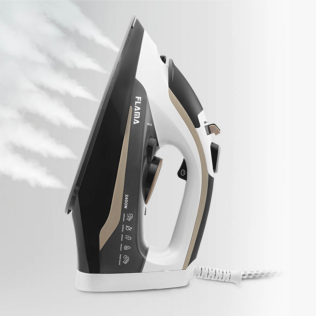 Ferro a vapor 2400W 5342FL, base cerâmica Ultra Glide, da Flama creme, FLAMA