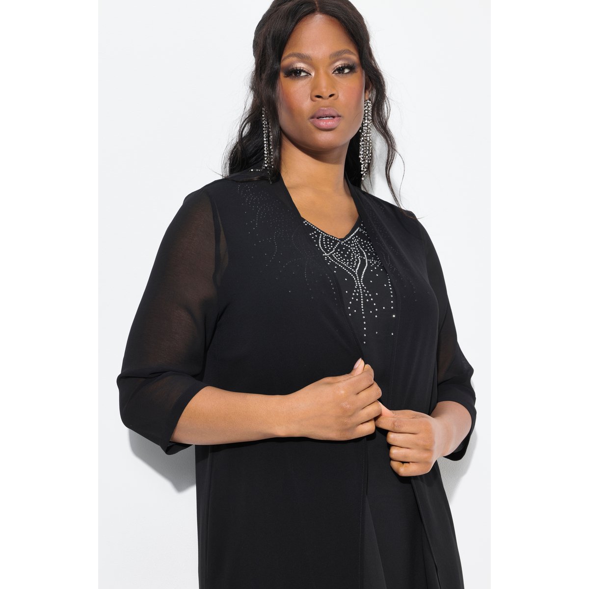 Veste longue en mousseline. Col châle et noir, ULLA POPKEN