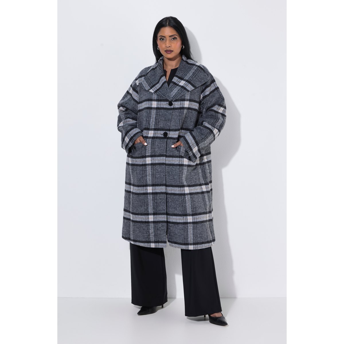 Manteau en laine à carreaux, coupe oversize gris chiné, ULLA POPKEN