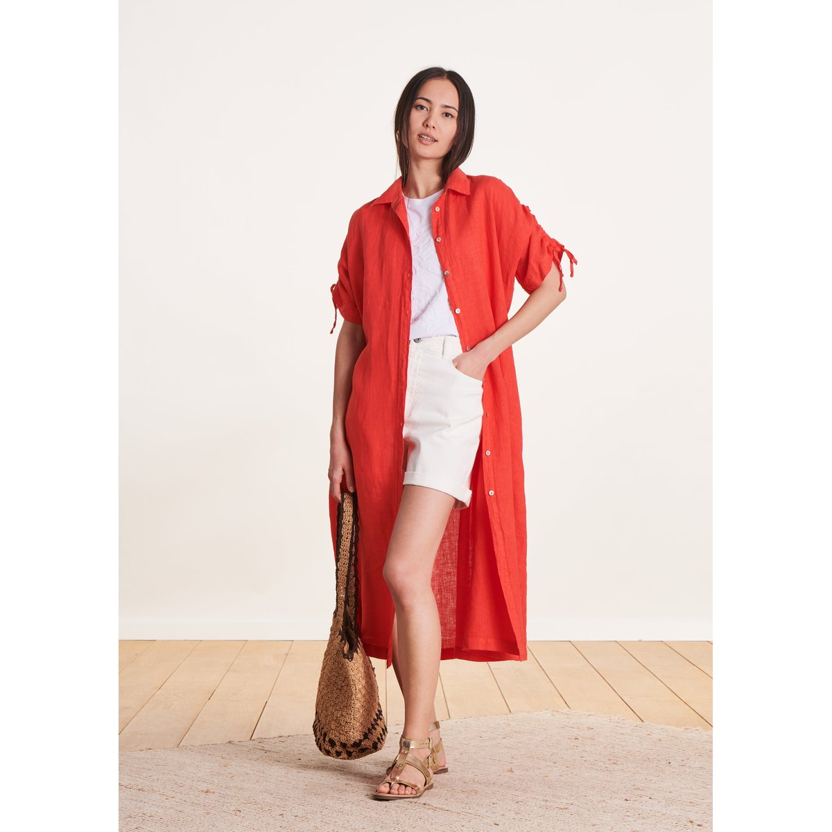 Robe chemise mi-longue oversize en lin sunrise, LA FEE MARABOUTEE