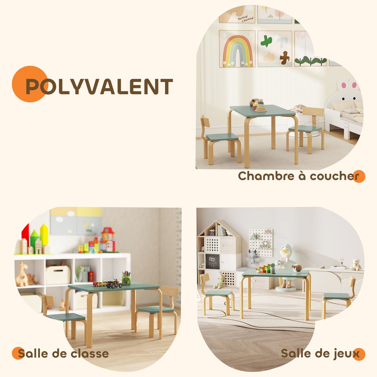 Ensemble table et chaises pour enfants Bois vert et bois naturel, AIYAPLAY