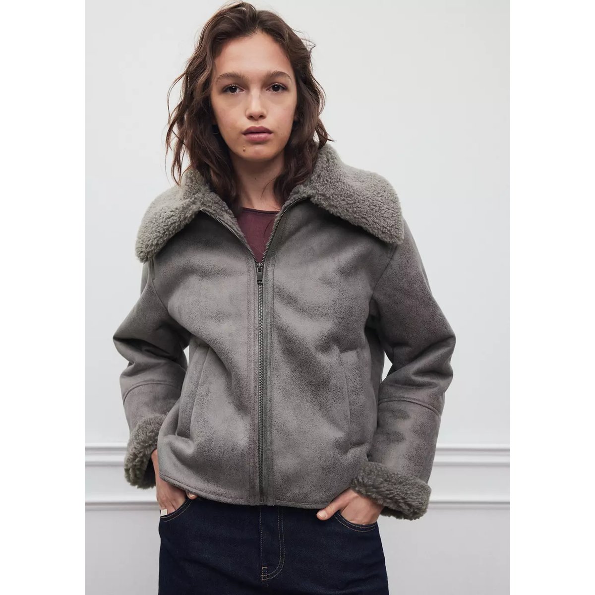 Manteau oversize imitation mouton retourné gris, MANGO TEEN