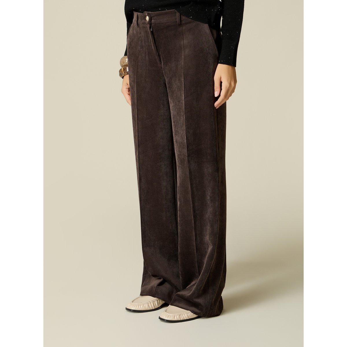 Pantalon palazzo côtelé marron, OLTRE