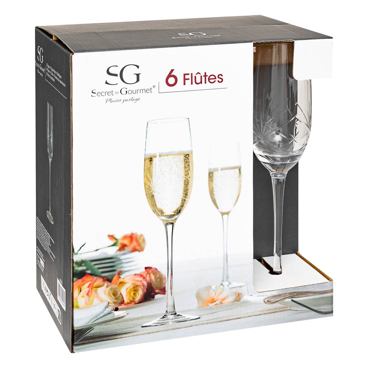 Lot de 6 flûtes à champagne en verre 21 cl VICTORIA transparent, SECRET DE GOURMET