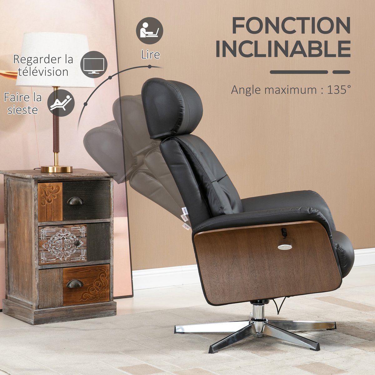 Fauteuil inclinable avec repose-pieds noir, HOMCOM