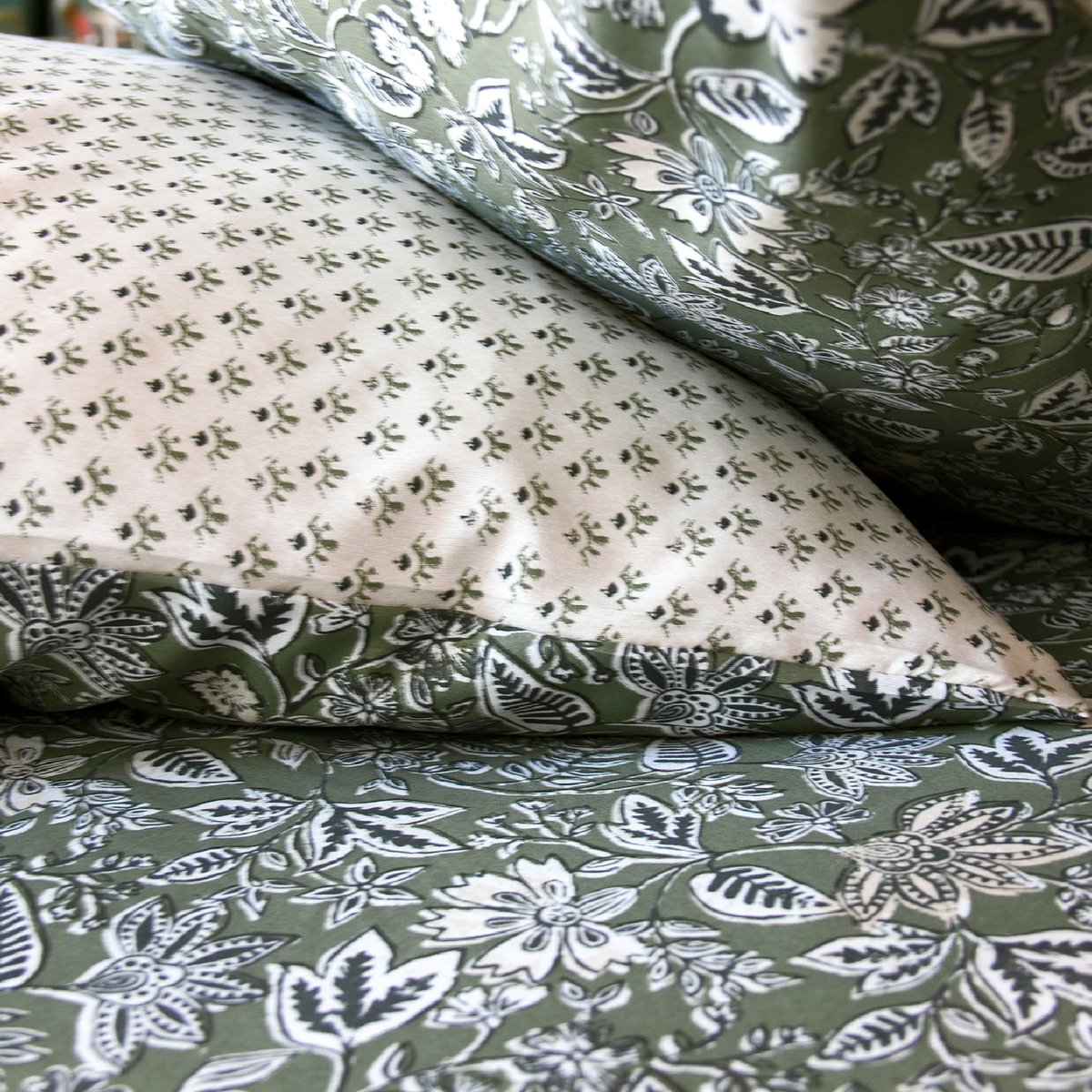 Parure de lit 3 pièces réversible motif floral kaki, HOME MAISON