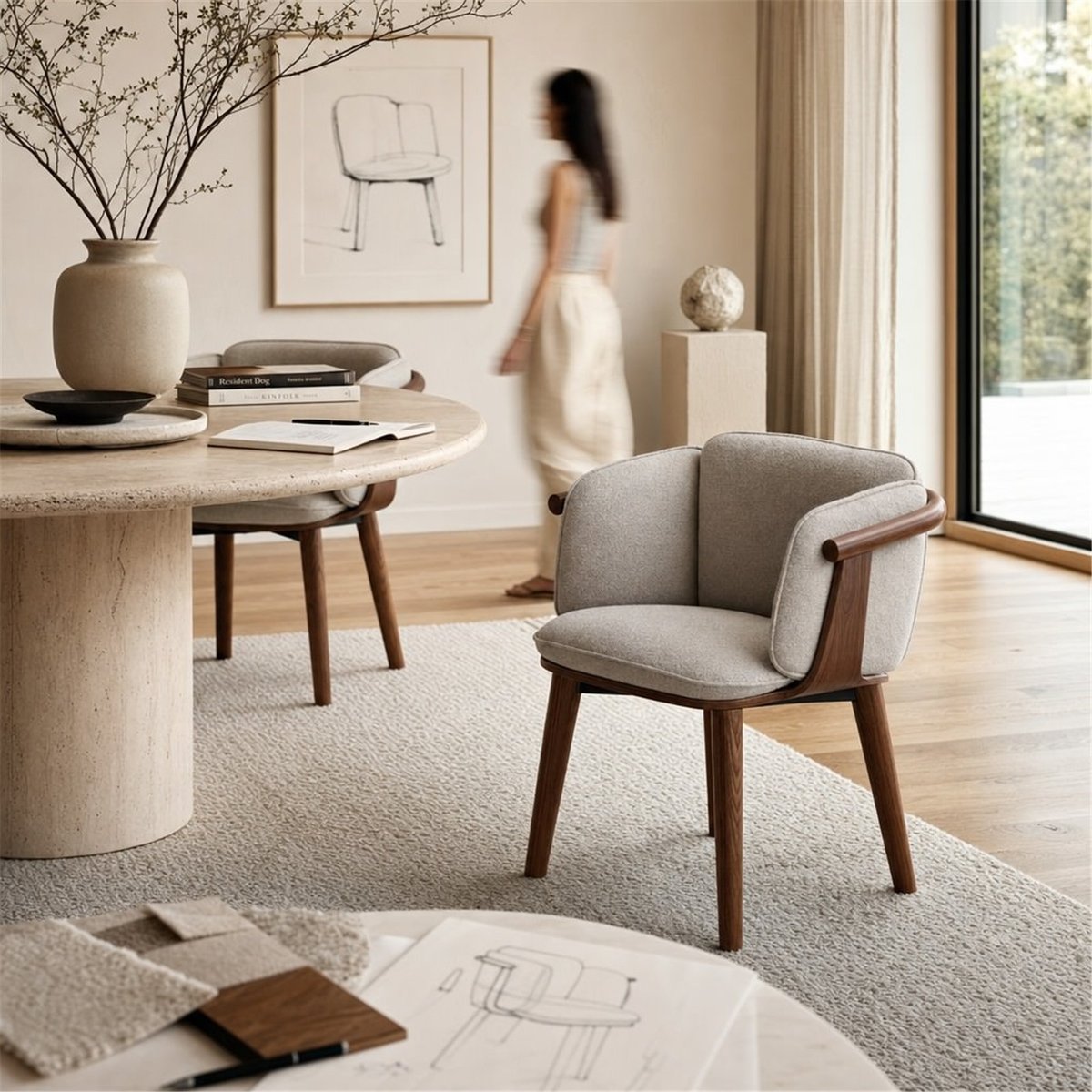 Chaise en bois et tissu avec accoudoirs noyer et gris, RECOLLECTION