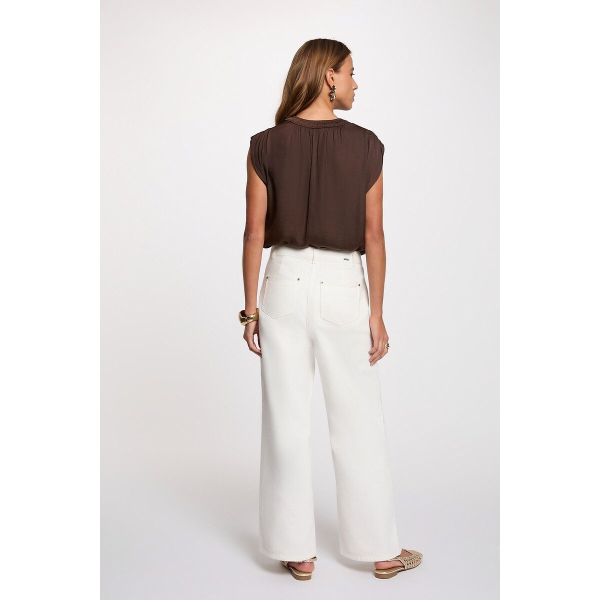 Blouse manches courtes satin chocolat, MORGAN