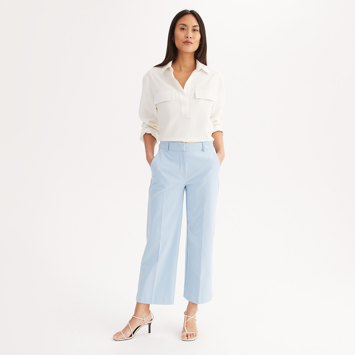 Pantalón recto 7/8, algodón elástico azul pastel, ANNE WEYBURN