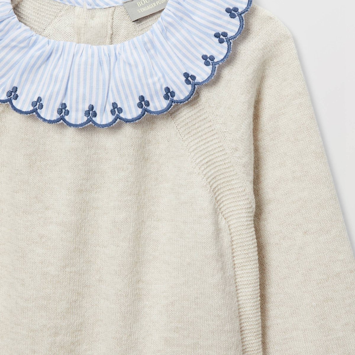 Pull uni à col rayé contenant de la laine beige melange, BOUT'CHOU