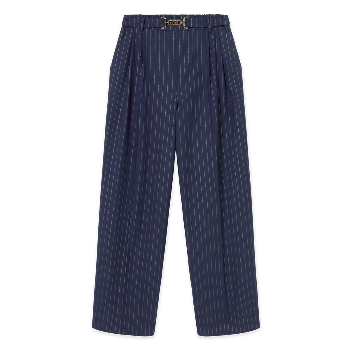 Pantalon palazzo à fines rayures et boucle ceinture bleu nuit, LOLA CASADEMUNT