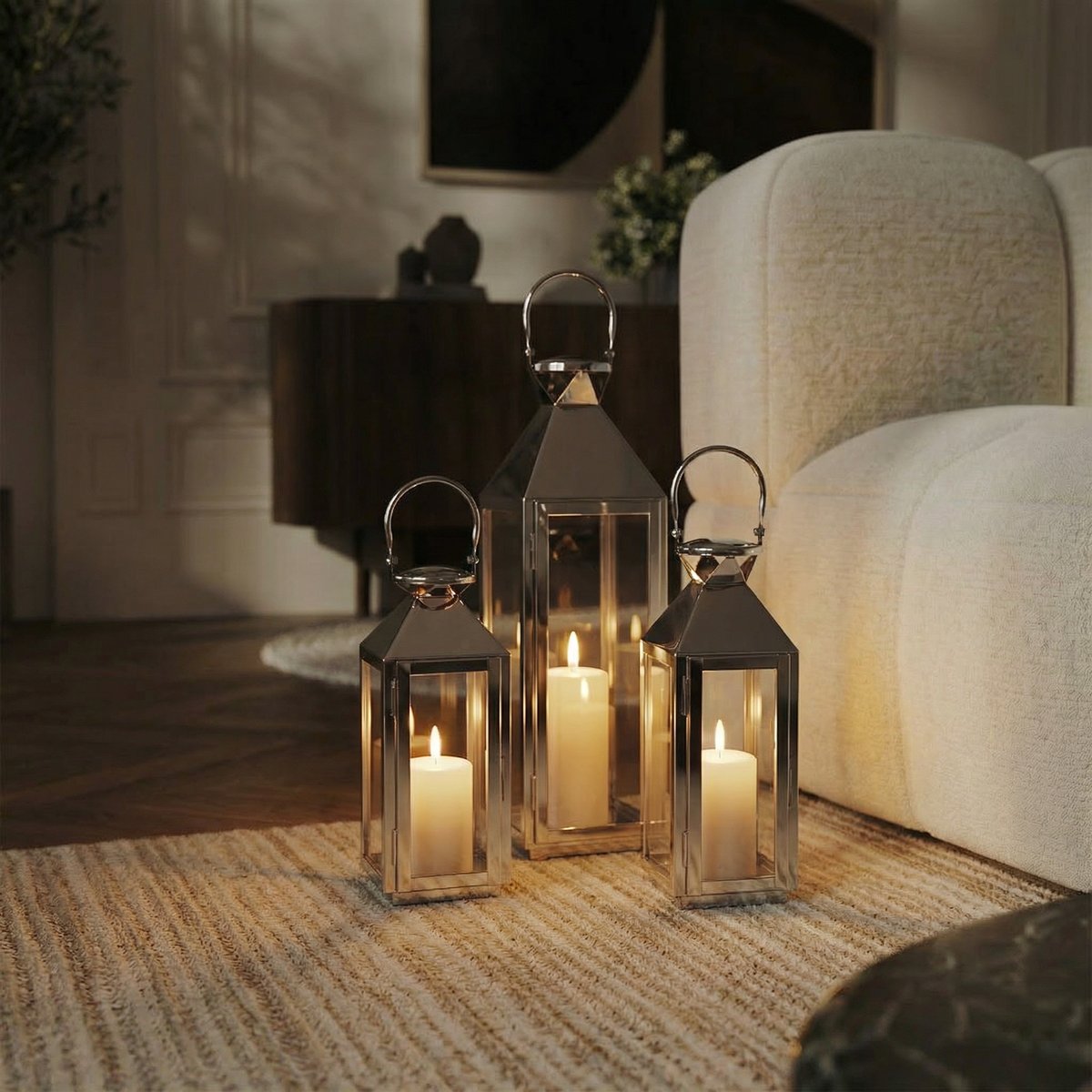 Lanterne décorative en verre et acier H55 AUTAN argenté, SIA DECO