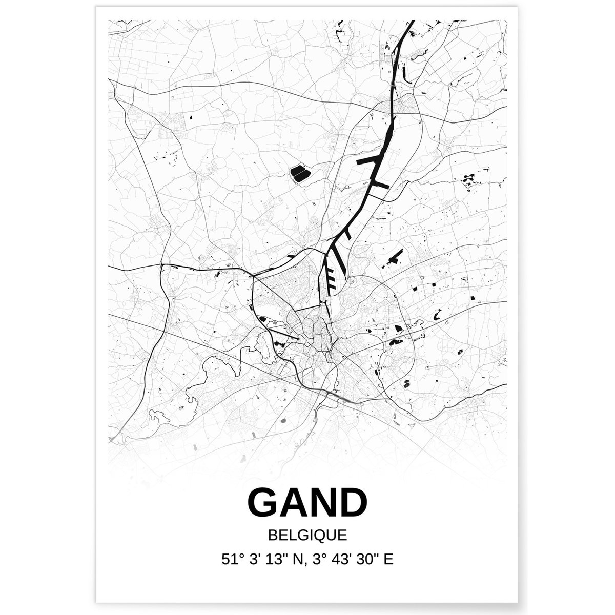 Affiche carte Gand - rectangle Noir et Blanc blanc, L'AFFICHERIE