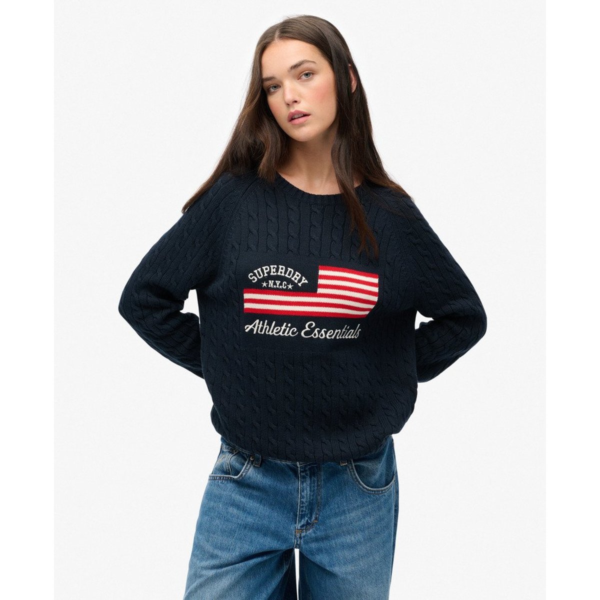 Pull ample en maille torsadée Flag bleu marine profond, SUPERDRY