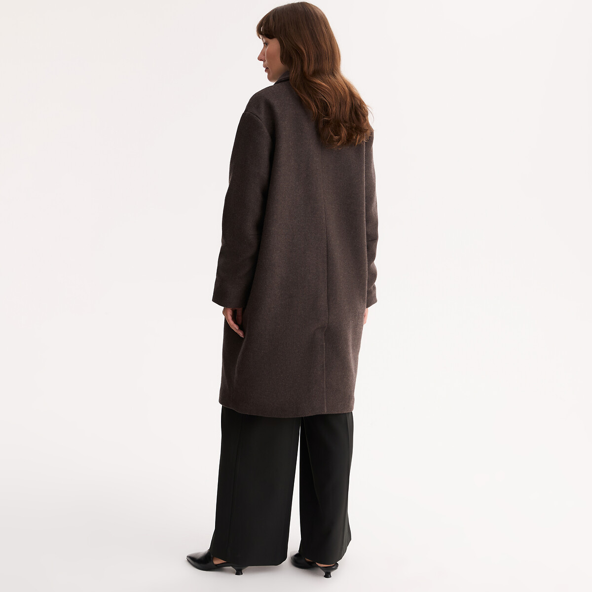 Manteau long, col montant, fermeture boutonnée en laine mélangée marron chiné, ANNE WEYBURN