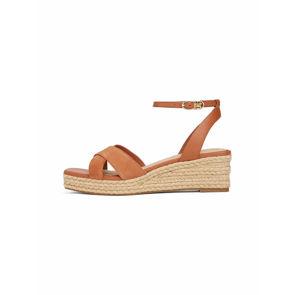 Sandali con zeppa in pelle cognac, TOMMY HILFIGER