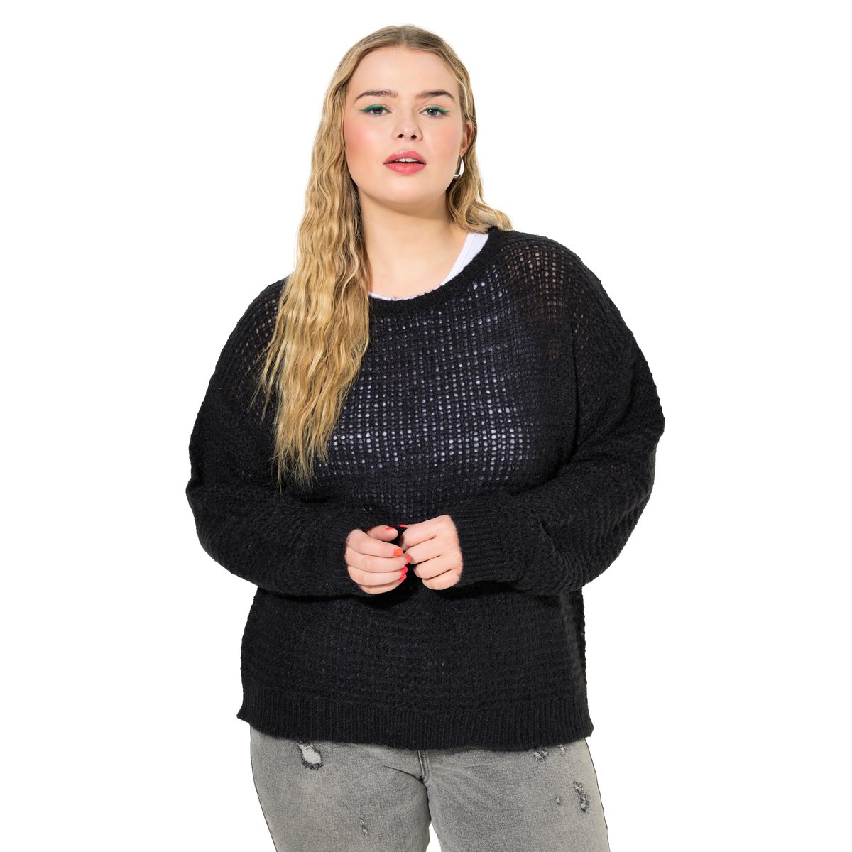Pull coupe Boxy Shape en maille ajourée noir, STUDIO UNTOLD