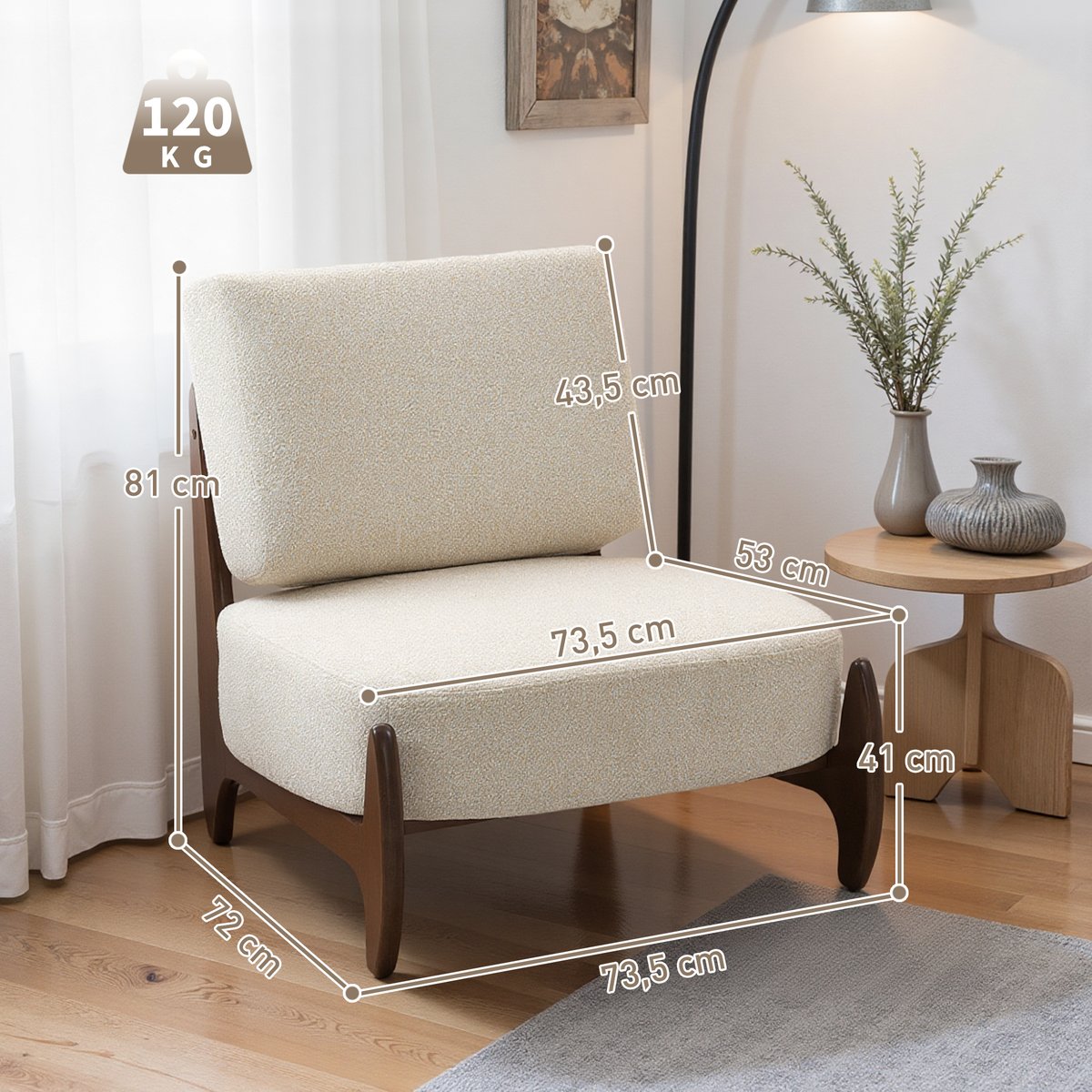 Accent Chair Chenille (100% polyester) Crème crème, bois clair, HOMCOM