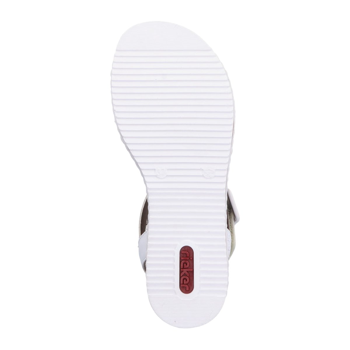 Nu-pieds beiges avec un talon compensé bas et deux bandes auto-agrippantes blanc, RIEKER