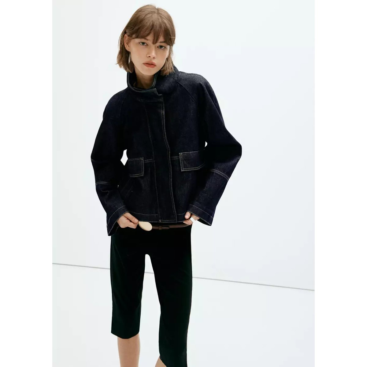 Veste en jean col cheminée bleu, MANGO