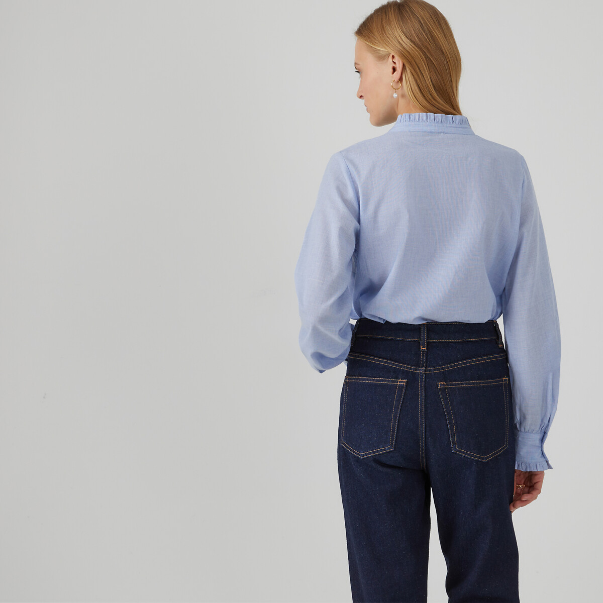 Ruffled High Neck Blouse with Long Sleeves sky blue, LA REDOUTE COLLECTIONS