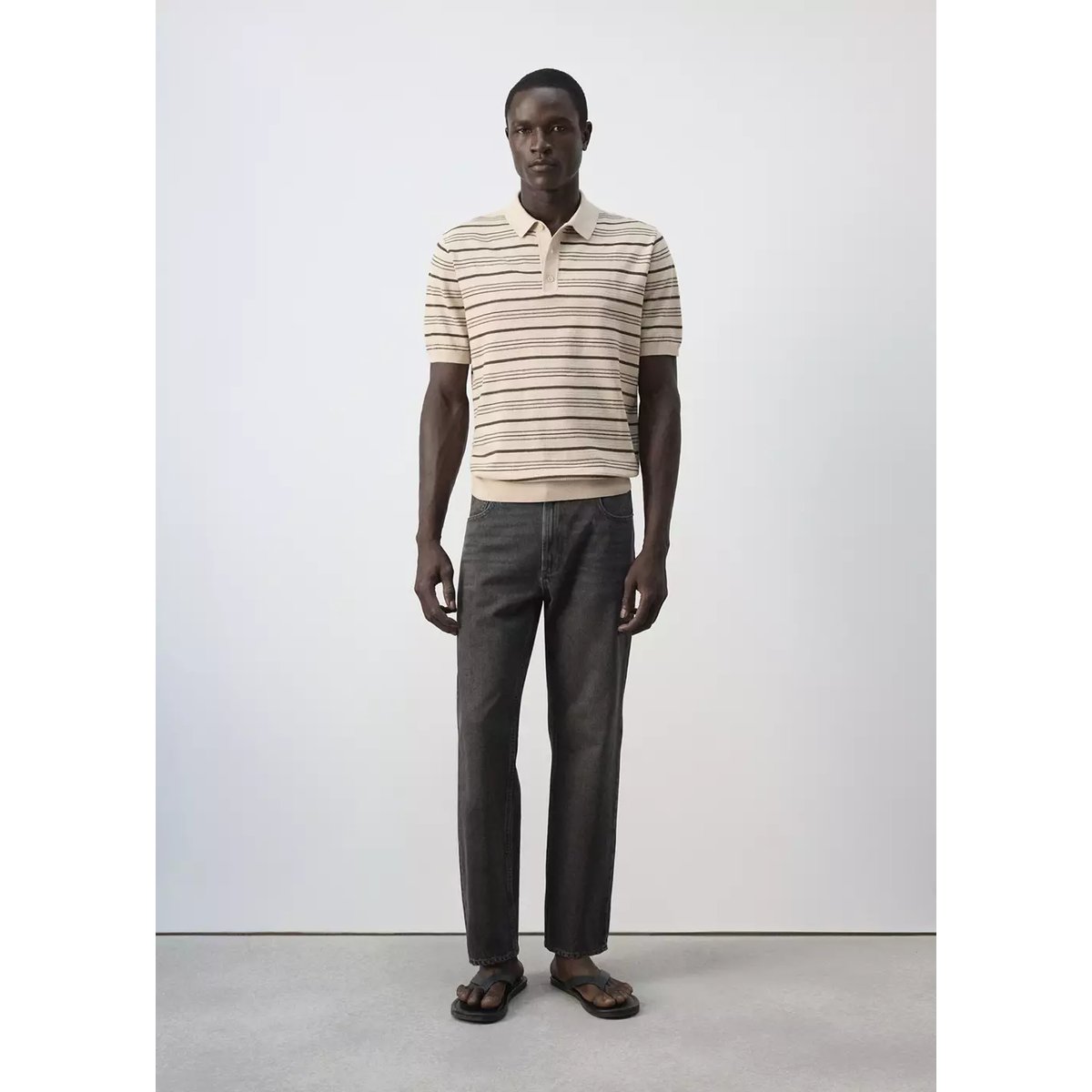 Polo en maille de coton mélangé à rayures beige, MANGO MAN
